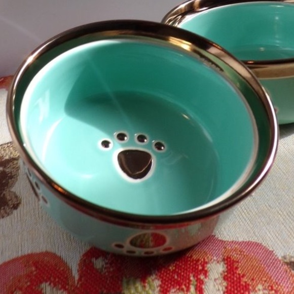 NEW Cute! Ceramic Blue & Bronze Trim Color Dog or Cat Pet Food Water Dish Bowl - Picture 1 of 5